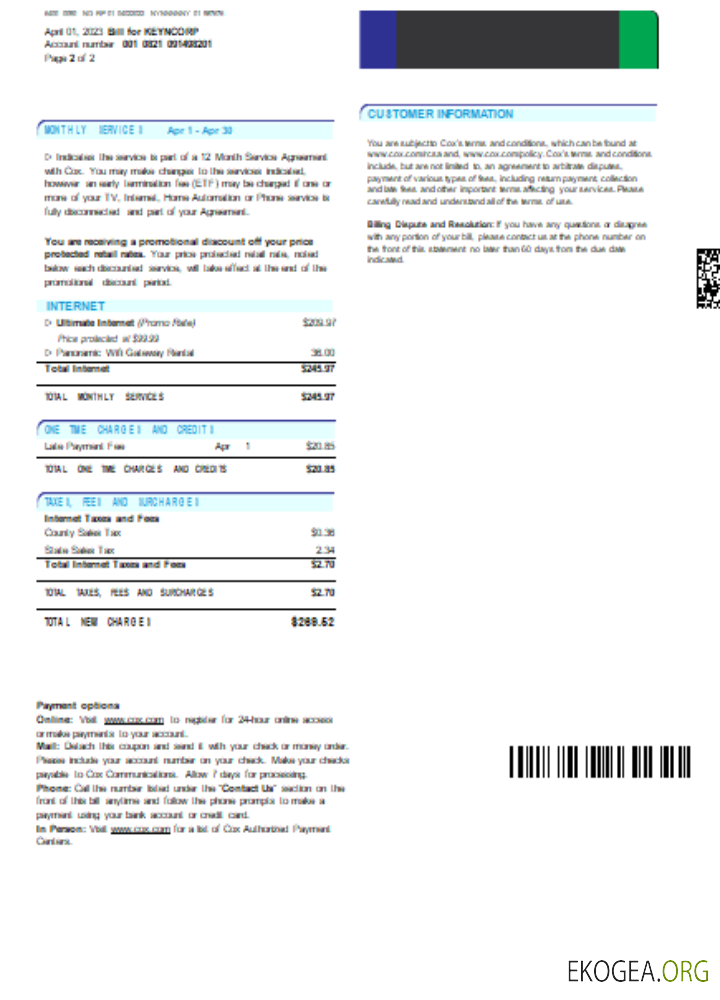 Facture commerciale du service public de télévision par câble numérique COX, page 2, SCR
